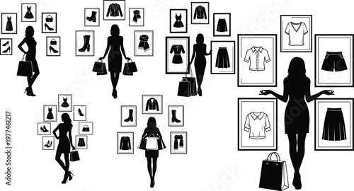 Collection of Black Silhouettes of Fashionable Women with Shopping Bags and Clothing Display Frames for Fashion, Retail, and Style Designs, Vector Icons