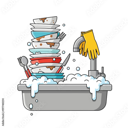 Dirty dishes piled high in sink with yellow glove washing faucet, soap bubbles