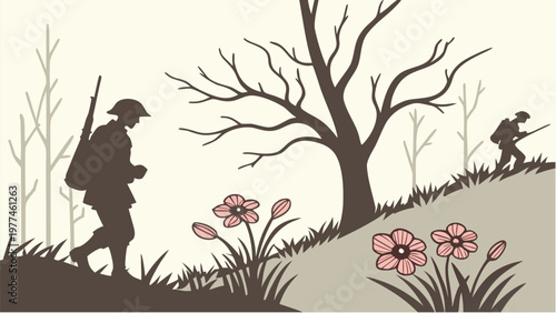 Soldiers on a battlefield with flowers and bare trees silhouette