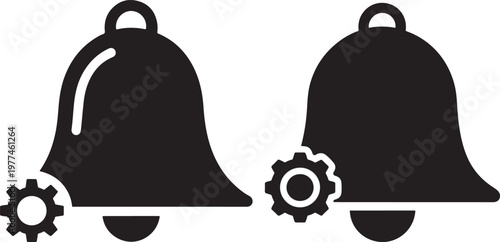 Pair of bell icons with gear settings symbol user experience configuration settings notification reminder settings cogwheel configuration adjustment customization preference interface
