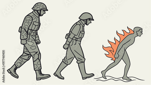 Soldiers walking alongside a burning man symbolic illustration of war and conflict consequences