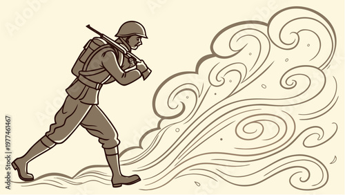 A marching soldier whose body gradually turns into swirling smoke or fog symbolizing transformation or disappearance in a war or conflict zone with a sepia toned background