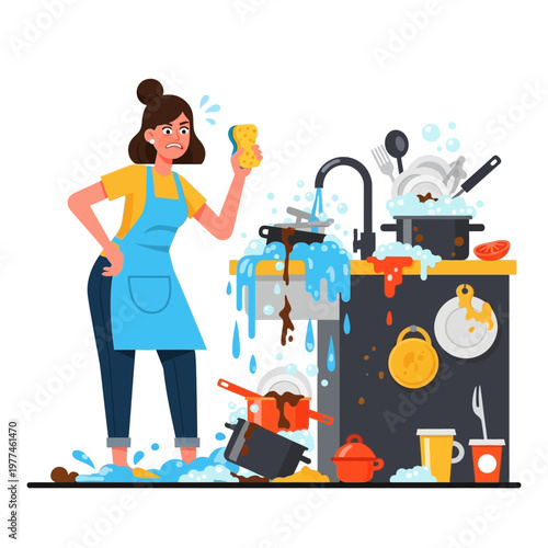 Frustrated Woman Washing Dishes in Overflowing Messy Kitchen Sink