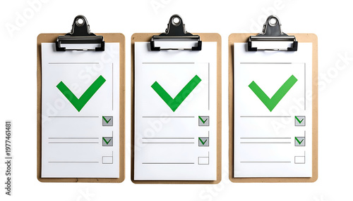 Three clipboards with paper checklists. Each has a large green checkmark & check boxes