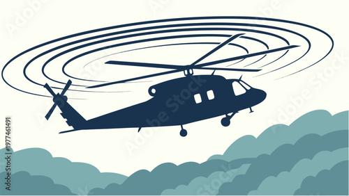 Military helicopter silhouette flying through clouds with rotating blades overhead