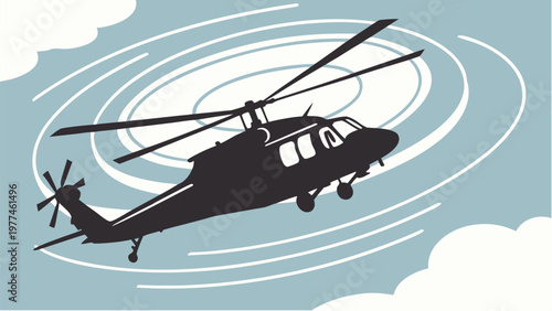 Military helicopter silhouette flying through clouds with rotor motion lines in the sky