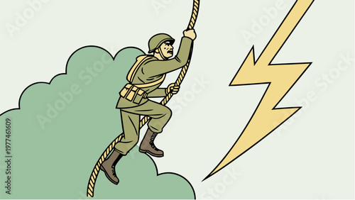 A soldier climbing a rope amidst a lightning storm symbolizing danger and urgency in a military operation