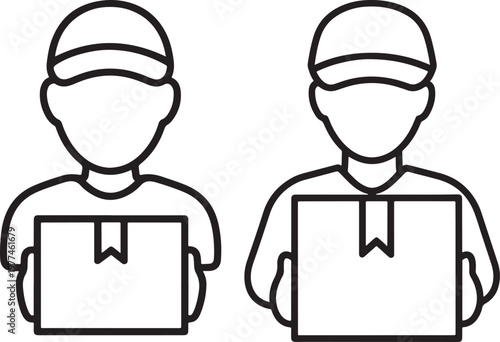 Two delivery men icons holding boxes representing shipping and logistics delivery person delivery service supply chain e commerce online shopping order fulfillment package handler shipping