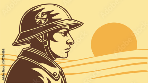 Soldier's helmet silhouette transforms into desert landscape at sunset