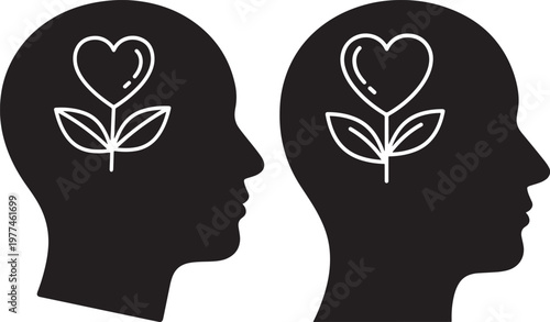 Two black head silhouettes with heart and plant icon inside silhouette thinking wellbeing consciousness awareness illustration symbolic connection psychology side view