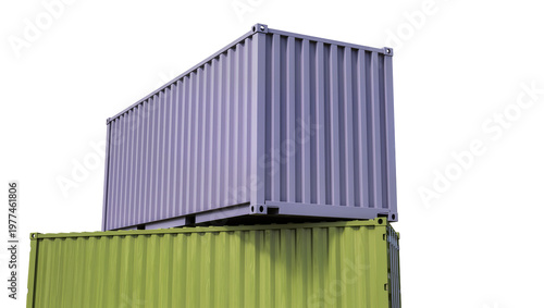 Foto Two stacked shipping containers one purple and one green, isolated on transparen