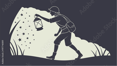 Soldier silhouette holding lantern under starry night sky with grass and hills