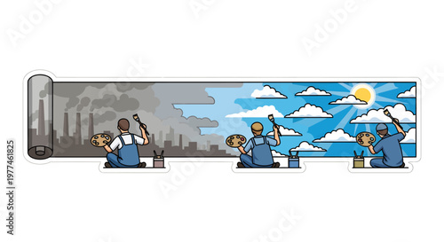 Workers with megaphones in pollution contrasted with clean environment