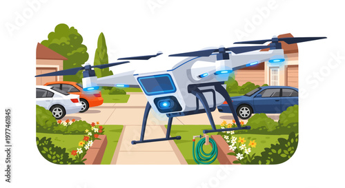 Drone flying over suburban neighborhood with cars and houses