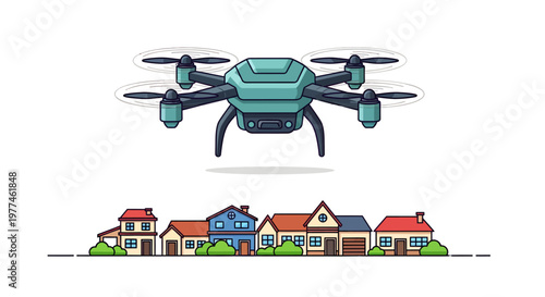 Drone flying over suburban neighborhood homes