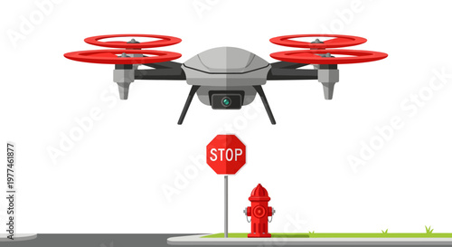 Drone flying over stop sign and fire hydrant on sidewalk