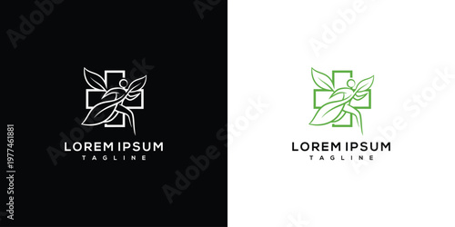 Natural Health Medical Cross and Leaves Logo Design Concept