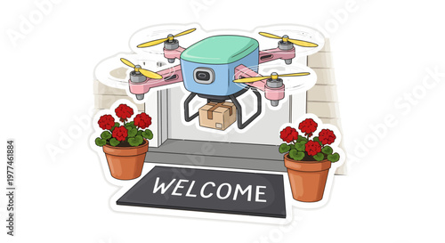 Drone delivering package to front door with welcome mat