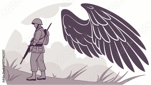 Soldier standing guard with large protective wing shadow behind symbolizing safety and vigilance in a serene landscape