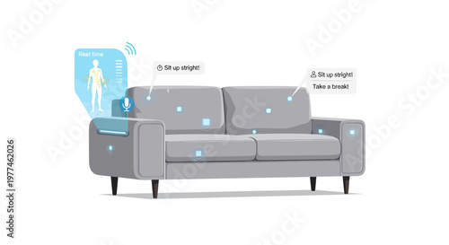Gray sofa with measurements and human scale illustration