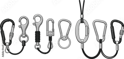 Metal Carabiner Clip Set with Keychain Hooks and Snap Links for Outdoor Gear, Climbing and Accessory Illustration Design