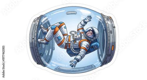 Astronaut floating in space station with orange and white suit