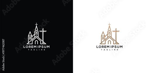 Minimalist Church and Cross Line Art Logo Design Concept