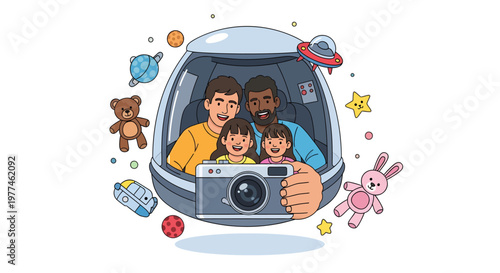 Family in spaceship taking photo with camera surrounded by toys