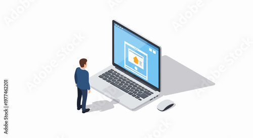 Isometric Businessman Searching for Real Estate or Property Online on a Giant Laptop, Digital Housing Market Concept