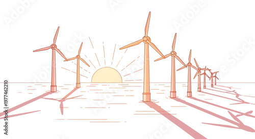 Wind turbines at sunrise, renewable energy concept illustration