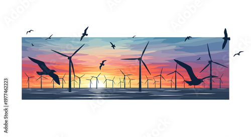 wind turbines at sunset with seagulls flying overhead