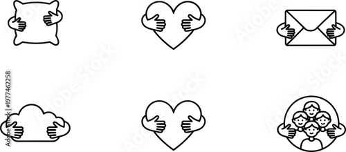 Outline icon set of hands hugging a heart pillow letter cloud and people symbolizing care love support and community,