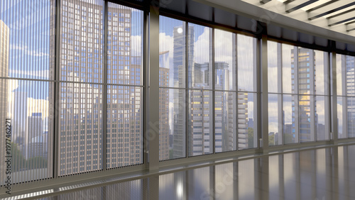 Panoramic windows with vertical blinds in the hall of building overlooking high-rise buildings and sky. 3d illustration