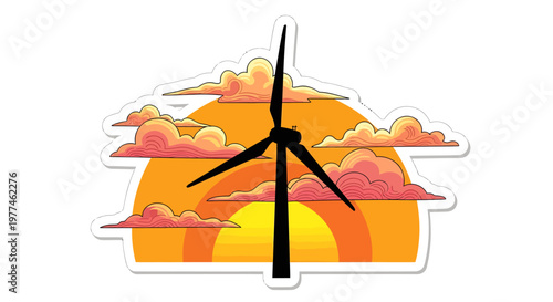 Wind turbine at sunset with vibrant orange and pink clouds