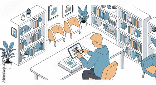Student Scanning QR Code on Tablet in Modern Library Illustration for Digital Education Concept