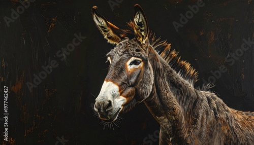 Close-up portrait of a brown donkey against a dark background.