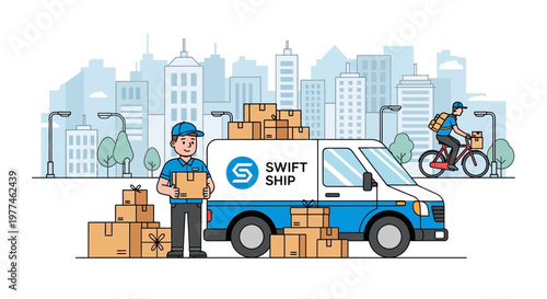 Delivery van and courier with packages in city, logistics and shipping concept