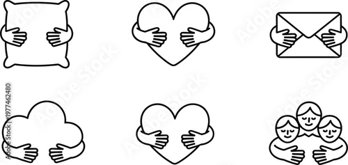 Outline icon set of hands hugging a heart pillow letter cloud and people symbolizing care love support and community