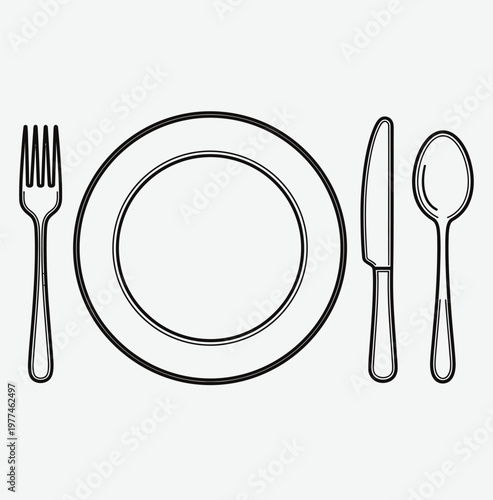Simple line drawing of a place setting with fork knife spoon and plate