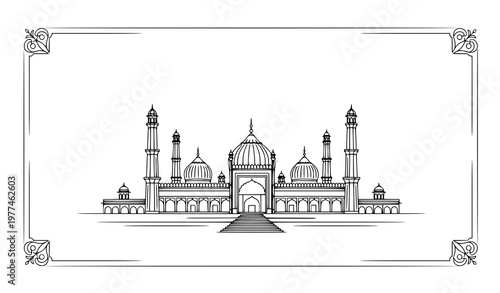 Jama Masjid Travel Poster Line Style Vector Landmark of Delhi India