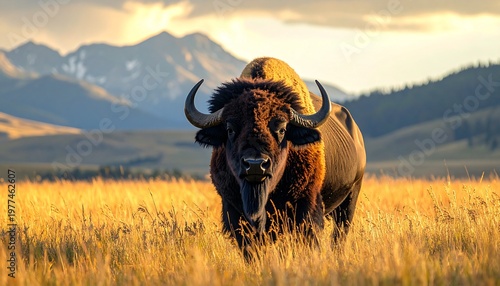 Majestic Bison Grazing in Golden Meadow with Mountain Backdrop.