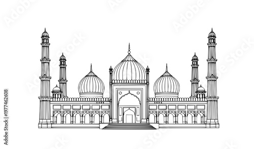 Jama Masjid Delhi Monument Line Art Vector Travel Landmark Illustration