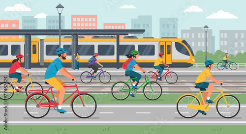 Diverse cyclists ride bicycles on city street next to train station and yellow tram