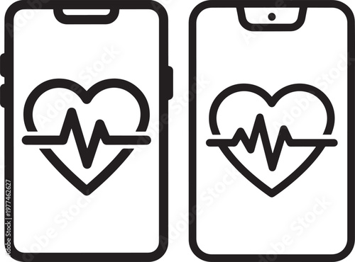 Heartbeat pulse line in heart shape on smartphone screen icon vector with health tech black and white heartbeat electrocardiogram smartphone application technology illustration wellness