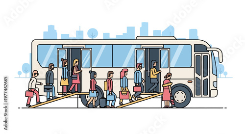 Diverse commuters boarding bus with open doors, city skyline background, vector illustration