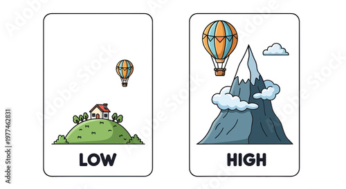 Low vs High Altitude Comparison Vector Illustration: Hot Air Balloons over Hills and Mountains, Educational Concept for Altitude Differences