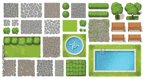 A collection of various outdoor landscaping elements and pool features for design and planning purposes