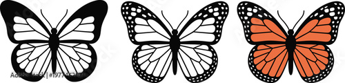 Monarch butterfly vector set featuring black silhouette detailed line art and orange colored wings isolated on white background