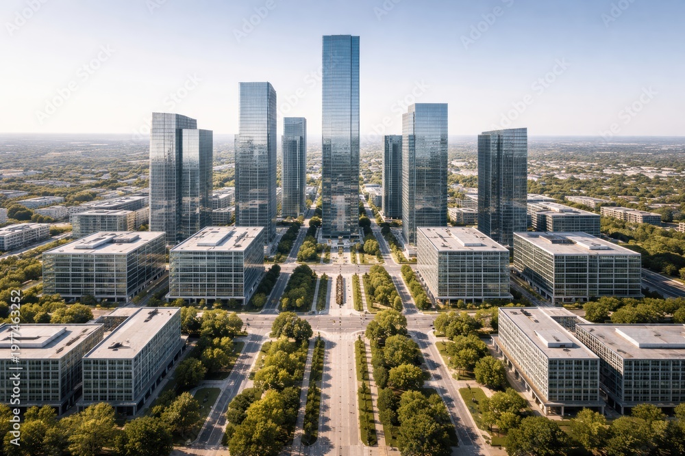 Fototapeta premium Aerial view of modern city skyline with skyscrapers and green urban park at golden hour