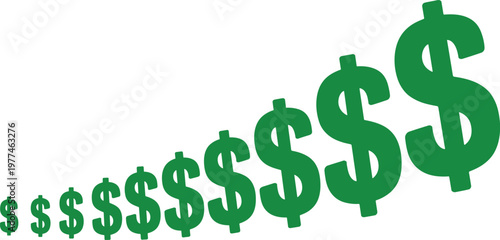 Green dollar sign currency symbol set in ascending size representing financial growth wealth success and money accumulation business concepts